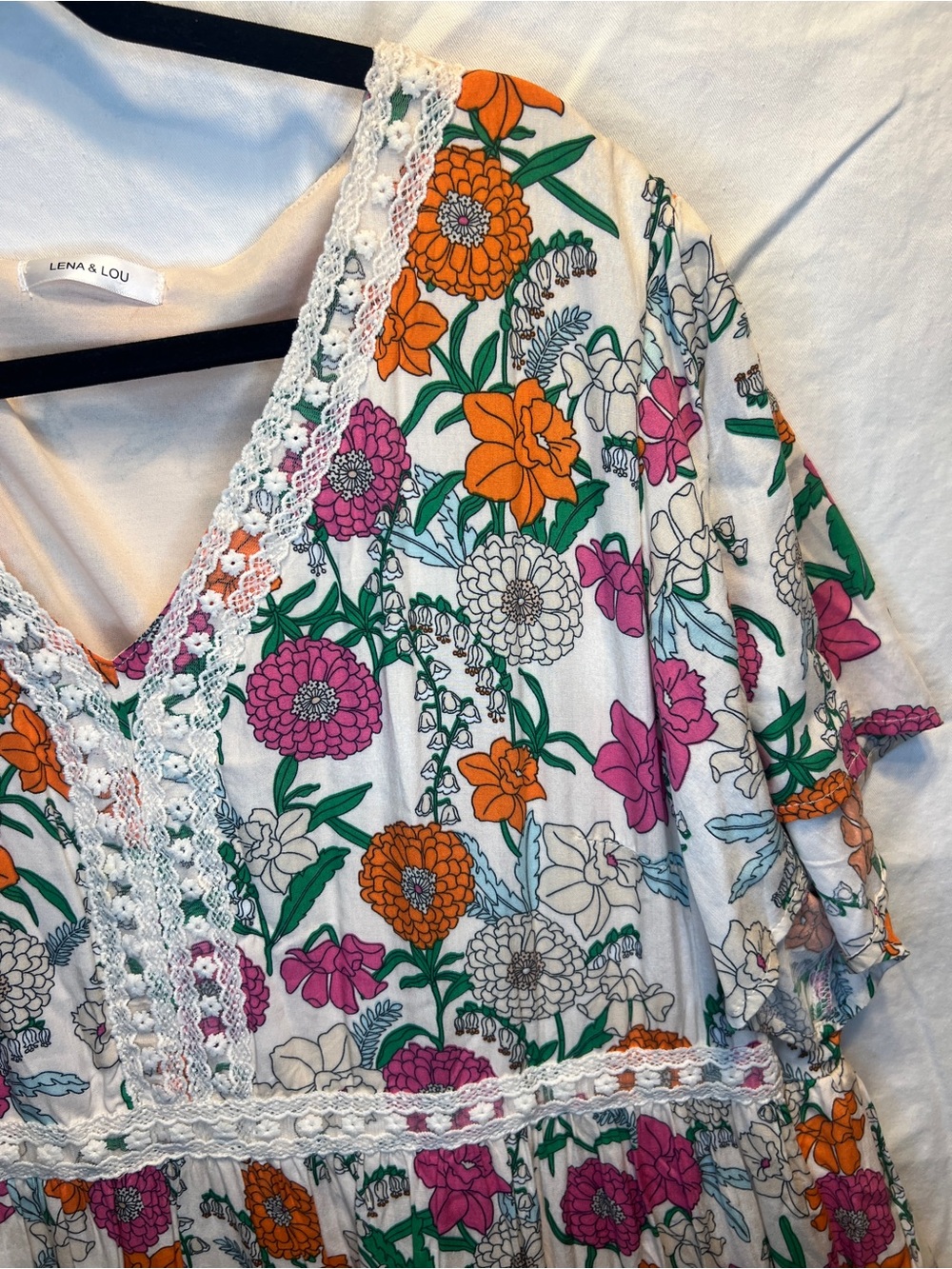 Floral Tiered V-Neck Women's Dress in White with Pink & Orange Flowers 2X - Picture 2 of 9